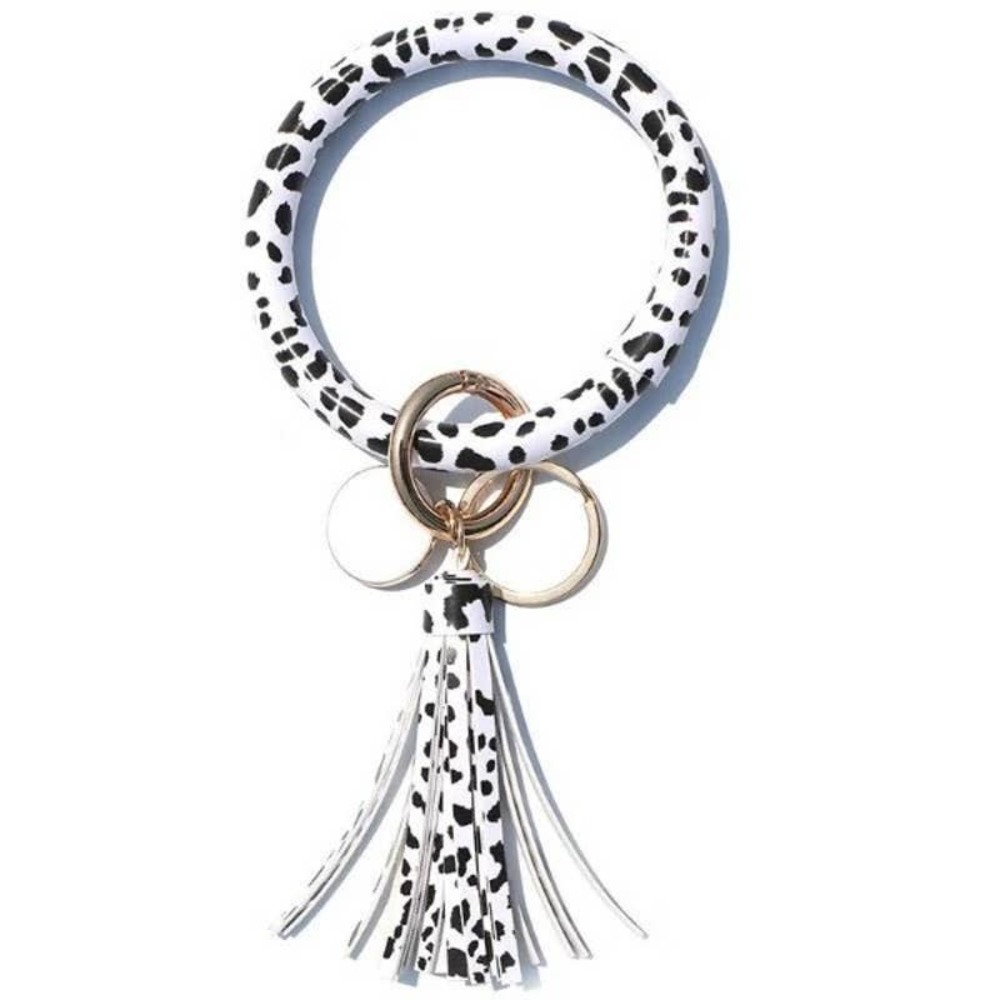 Black‎ & White Leopard Vegan Leather Tassel Bangle Keychain~~NWOT
